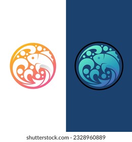 Abstract fish logo with circle design template, fish and wave, marine life