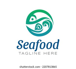 Abstract fish logo vector template. Linear circle with fish seafood and water waves. Seafood Logo design suitable for fresh fish, fishing, seafood restaurant, organic and natural products, environment