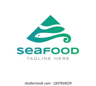 Abstract fish logo vector template. Linear triangle with fish mountain and water waves. Seafood Logo design suitable for fresh fish fishing seafood restaurant organic and natural products environment.