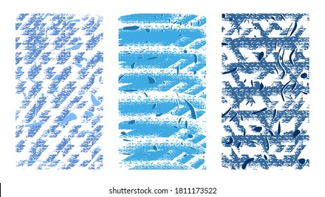 Abstract fish scale textures. Hand drawn vector illustration. Blue particles, chaotic brush strokes and shapes on paper, modern style drawings