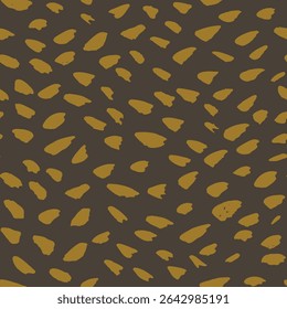 Abstract fish scales like minimalist design forming an animal print pattern in colors of ochre yellow on dark brown background. Simple seamless vector pattern. Great for home decor, fabric, wallpaper.