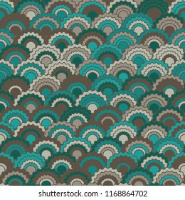 Abstract fish scales squama background, vector seamless fabric pattern, tiled textile print. Typical japanese squama scales seamless arc tiles ornament. Mermaid skin pattern.