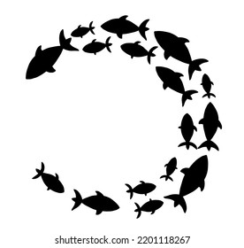 Abstract Fish School In Circle Shape In Silhouette Style