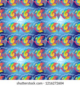 Abstract fish seamless pattern. Freshwater fish sketch. Vector cute fishes in violet, blue and orange colors.