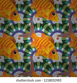 Abstract fish seamless pattern. Freshwater fish sketch. Vector cute fishes in yellow, green and blue colors.