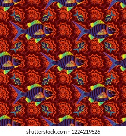 Abstract fish seamless pattern. Freshwater fish sketch. Vector cute fishes in red, brown and orange colors.