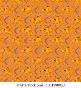 Abstract fish seamless pattern. Freshwater fish sketch. Vector cute fishes in blue, orange and yellow colors.