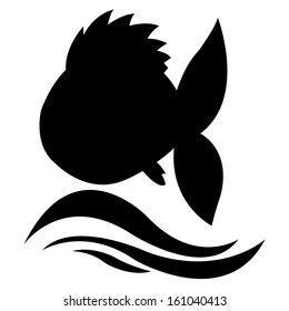 abstract fish silhouette and black waves on white background