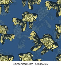 Abstract fish sketch seamless pattern, hand drawing, vector background. Yellow blue fish on a blue background. Decorative handmade element, for wallpaper design, fabric, textiles