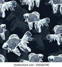 Abstract fish sketch seamless pattern, hand drawing, vector background, coloring book. White glow fluorescent fish on a dark blue background. Decorative handmade element, for wallpaper design, fabric