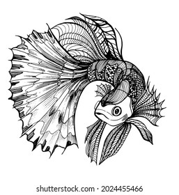 Abstract fish swims underwater. Koi carp for coloring book. Beautiful patterned image of a goldfish for anti-stress coloring pages.