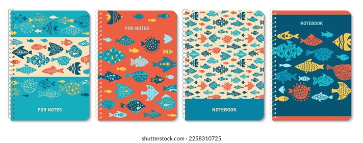 Abstract fish trendy notebook cover set. Exotic nautical design for planner, brochure, book, catalog. Notepad with aquarium animals ornament. Decorative layout page print template poster illustration