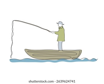 Abstract fisherman fishing with a fishing rod on a boat,  continuous single line art drawing sketch, logo