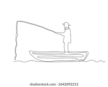 Abstract fisherman fishing with a fishing rod on a boat,  continuous single line art drawing sketch, logo