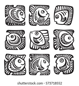 Abstract fishes in decorative style. Vector illustration. 
