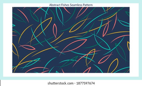 Abstract Fishes Seamless Pattern. Colorful chaotic intersecting lines with diagonal composition. Vector.