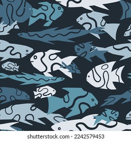 Abstract fishes simple geometric style ornament. Seamless pattern of underwater sea creatures in primitive art style. Hand drawn vector illustration.