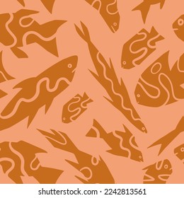 Abstract fishes simple geometric style ornament. Seamless pattern of underwater sea creatures in primitive art style. Hand drawn vector illustration.