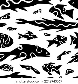 Abstract fishes simple geometric style ornament. Seamless pattern of underwater sea creatures in primitive art style. Hand drawn vector illustration.