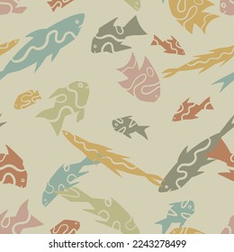 Abstract fishes simple geometric style ornament. Seamless pattern of underwater sea creatures in primitive art style. Hand drawn vector illustration.