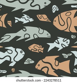 Abstract fishes simple geometric style ornament. Seamless pattern of underwater sea creatures in primitive art style. Hand drawn vector illustration.