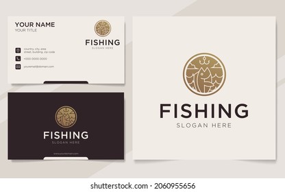 Abstract fishing logo in gold luxury style and business card design template 