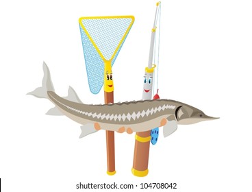 Abstract fishing rod and net holding sturgeon. The illustration on a white background.