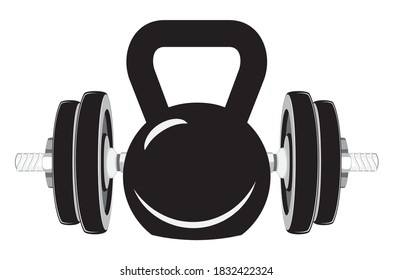 Abstract fitness club logo, dumbbells and kettlebell design illustration.