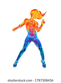 Abstract fitness instructor. Young woman zumba dancer dancing fitness exercises. Hip hop dancer from splash of watercolors. Vector illustration of paints