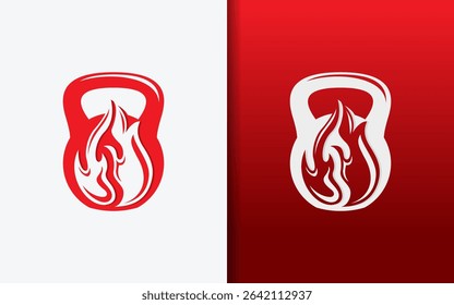 Abstract fitness logo merging fire element with kettlebell symbol of power and workout passion.