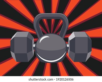 Abstract fitness themed retro design, dumbbells and kettlebell background illustration.