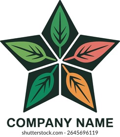 Abstract five-leaf star logo design; vibrant green, orange, and red; modern, eco-friendly branding concept; perfect for nature, health, or sustainability businesses.