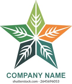 Abstract five-pointed star logo design featuring stylized leaves; vibrant green, orange, and teal color palette; modern, eco-friendly, and corporate branding aesthetic.