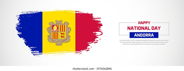 Abstract flag of Andorra on hand drawn brush strokes. Happy national Day with grunge style vector background