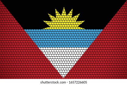 Abstract Flag Of Antigua And Barbuda Made Of Circles. White, Blue, Red, Yellow And Black Antiguan And Barbudan Flag With Sun Rising At The Horizon Of The Sea.