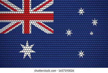 Bandera abstracta de Australia hecha de círculos. Bandera australiana blanca, azul marino, roja, con estrellas blancas diseñadas con círculos de colores que le dan un aspecto moderno y abstracto.