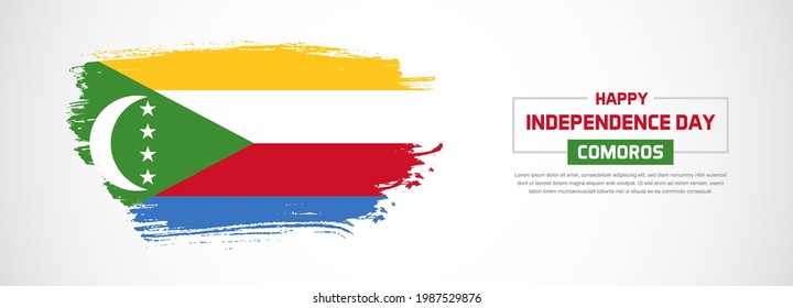 Abstract flag of Comoros on hand drawn brush strokes. Happy Independence Day with grunge style vector background