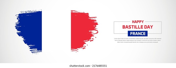 Abstract flag of France on hand drawn brush strokes. Happy Bastille Day with grunge style vector background