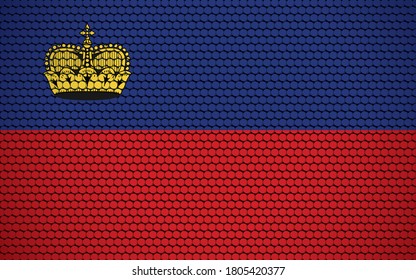 Bandera abstracta de Liechtenstein hecha de círculos. Bandera de Liechtenstein diseñada con puntos de color que le confieren un aspecto abstracto moderno y futurista.