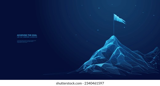  Abstract flag on the top of the Mountain. The digital conception of achieving the goal form lines, and connected glowing dots. Low poly vector wireframe illustration on blue technology background. 