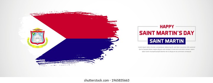 Abstract flag of Saint Martin on hand drawn brush strokes. Happy Saint Martin's Day with grunge style vector background