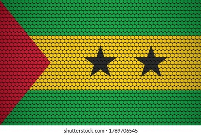Abstract flag of Sao Tome and Principe made of circles. Sao Tomean flag designed with colored dots giving it a modern and futuristic abstract look.