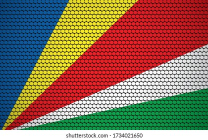 Bandera abstracta de Seychelles hecha de círculos. Bandera de las Seychelles, decorada con puntos de color que le confieren un aspecto abstracto moderno y futurista.