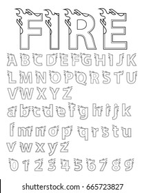 Abstract flame alphabet font. Type letters and numbers fire concept design. line black shape on white background. Vector typeface for your design.