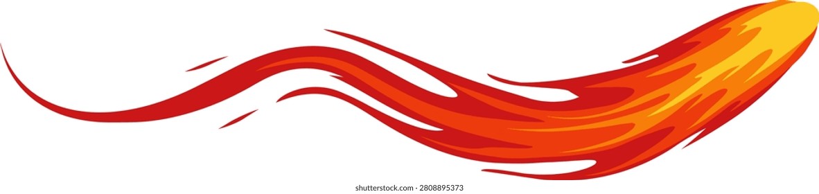 Abstract flame graphic red to orange swoosh with yellow tip sweeping across a white background, dynamic vector art. Vector illustration