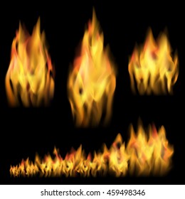 Abstract flames design. Vector set fire on a black background. Burning effect. 
