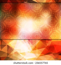 Abstract flaming red card or invitation template with shining polygonal geometric background and nice decorative pattern.