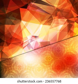 Abstract flaming red card or invitation template with shining polygonal geometric background and nice decorative pattern.