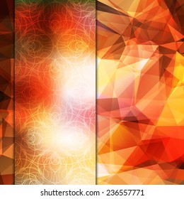 Abstract flaming red card or invitation template with shining polygonal geometric background and nice decorative pattern.