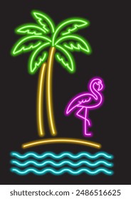 Abstract flamingo bird and palm tree, neon glowing illustration. Flamingo on the beach and palm tree. Minimalistic colorful neon glowing line design.